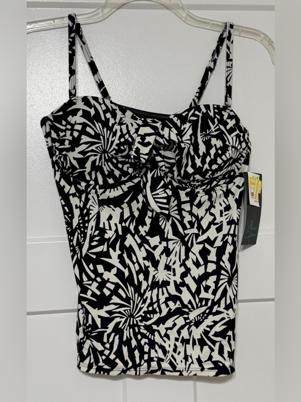 90: Aqua Green Black and White Floral Tankini Top - 14